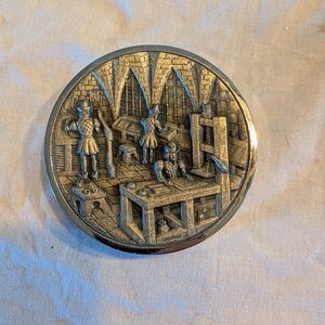 2/90$ Vintage Silver-Tone Round Paperweight with Workshop Relief